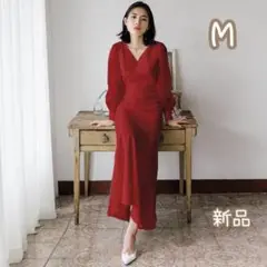 【新品】赤ウェディングドレス ●ロングワンピース●結婚式お呼ばれパーティー M