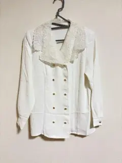 美品　昭和レトロvintage刺繍レースサテン古着digブラウスダブルボタン長袖