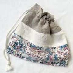 【8/16迄の限定価格】 生成 白 ꕥ ハンドメイド 巾着 ポーチ　インド綿