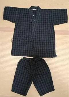甚平 上下セット 黒とグレーのチェック柄 130cm