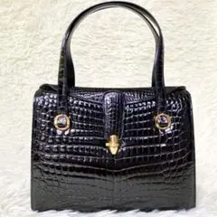【美品】クロコダイル ハンドバッグ 黒 シャイニークロコ レディース フォーマル