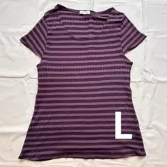 ILE DE BONHEUR 半袖Tシャツ 紫黒ストライプ