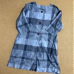 美品　青系チェック柄 大判ボタン付きワンピースチュニック ゆったり 大きめ