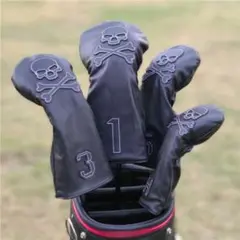 【新品4点セット】シンプルカッコいいスカルゴルフクラブカバーヘッドカバー黒色