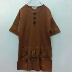 4『OPTEN』Tシャツ ブラウン 半袖カットソー 刺繍【L】ハーフボタン 長め