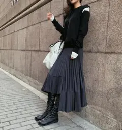 アシンメトリー プリーツロングスカート レイヤード 黒 フリー