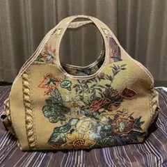 ボストンバッグ ゴブラン 刺繍 花柄 レトロ 旅行バッグ ゴブラン織り ブラウン