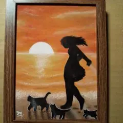 【匿名配送】絵画　「みんなでお散歩」　2Lサイズ額つき