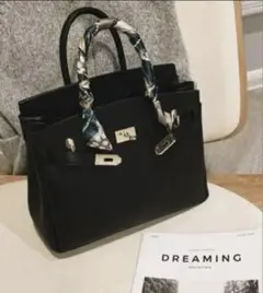 黒 レザー ハンドバッグ スカーフ付き