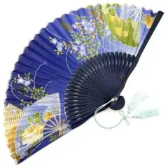 【極美品】青地花柄扇子 21cm 房飾り付 上品デザイン