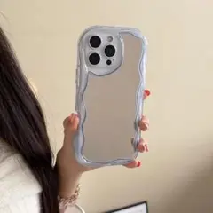 iPhone13/14ケース　ブルー　ミラー　クリア　なみなみ　ぷっくり