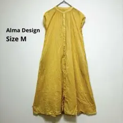 アルマデザイン　シャツワンピース　バンドカラー　フレンチスリーブフレア　M 黄色