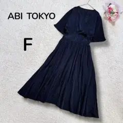 【ABI TOKYO】光沢サテン　カシュクール　半袖ロングフレアワンピース　黒F