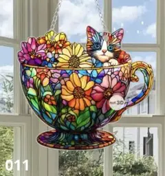 猫と花とティーカップ　ステンドグラス風　サンキャッチャー　壁掛け　011