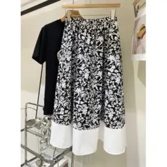 おしゃれ度高め プリント ロングスカート 切り替 Aライン 優しい レトロ