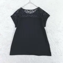 新品タグ付き♡透かし編みレースドッキングTシャツ フレンチスリーブ M ブラック