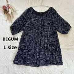 BEGUM ブラウス　L ネイビー ドット柄 チュニック 五分袖　シアー　レース