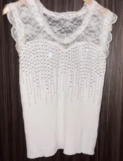 スリーブレス　レース　シルバービジュー　トップス　白　M〜L