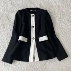 ZARA ザラ　バイカラー　ノーカラージャケット　ブラック　ホワイト　XS