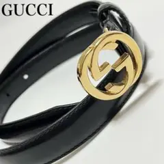 【美品】GUCCI ゴールドバックル レザー ベルト ブラック GG マーモント