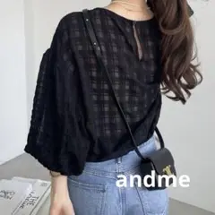 andme ブラウス シャツ シアーチェックボリュームスリーブブラウス
