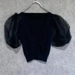 【美品】グレイル(M)シアーパフスリーブニット＊半袖＊フロントギャザー＊ブラック