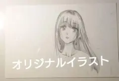 オリジナルイラスト黒髪ロングの女の子和紙長い髪の女性 鉛筆画原画はがきサイズ