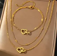 残１ サージカルステンレス 【２セット】 金アレ ハートネックレスとブレスレット