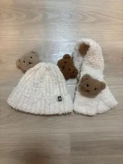ジェラートピケ　クマ耳付きフワフワ帽子とマフラーセット
