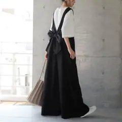 黒 サロペット ワイドパンツ リボン付き