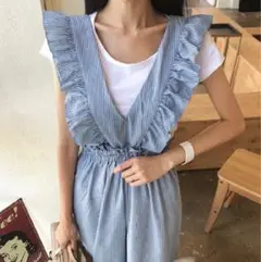 【極美品】フリル　オールインワン　サロペット　ワイドパンツ ストライプ