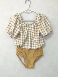 【女の子水着】100cm チェック柄　マスタードイエロー