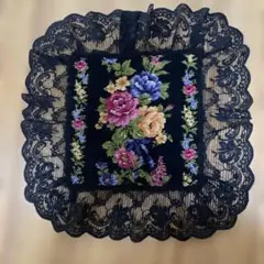 花柄刺繍 黒レース ハンカチ