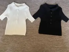 ♡リブ編みのポロ襟デザイン♡ ホワイト＆ブラック半袖のリブニット２枚セット