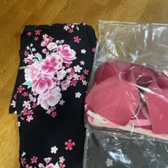 黒地にピンク花柄の浴衣と帯