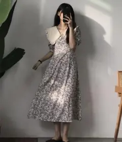 値下❌　着用2回のみ 半袖　ビッグカラー 花柄ロングワンピース