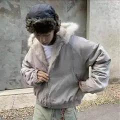 【短丈】グレー ファー付きボンバージャケット