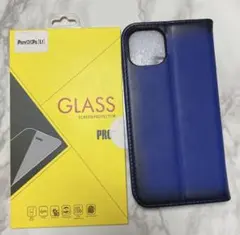 iPhone13 6.1インチ ケース　手帳型 黒 ブルー ガラスフィルム付き