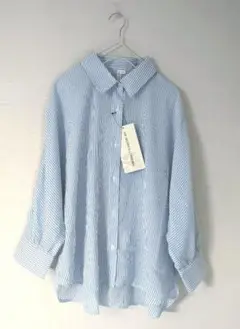 新品HK WORKS LONDON薄青ストライプ透け感シャツチュニックL