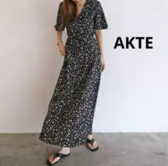 美品　AKTE　アクテ　ハーフスリーブラップロングワンピース　ネイビー　F