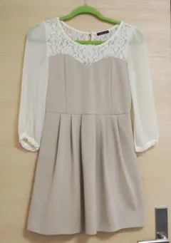 シフォンブラウス切替ワンピース　ベージュ×レース