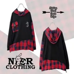NieR 刺繍入りRED CHECK×BLACK切替デザインプルオーバー