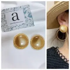 2251-4 ベージュ☺︎アンティークゴールドとシェル風カラーのピアス☺︎