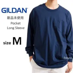 ギルダン 新品 ウルトラコットン ポケット付 長袖Tシャツ ネイビー紺 M