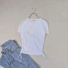ZARA/ザラ◇サイドギャザーTシャツ☆半袖カットソー『S』ホワイト　リボン