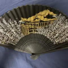 和風扇子 黒地 金色の清水寺と銀色の桜