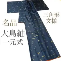 ZY82 名品 大島紬 一元式 正絹 袷 三角形文様 藍色 高級 一部しつけ糸付