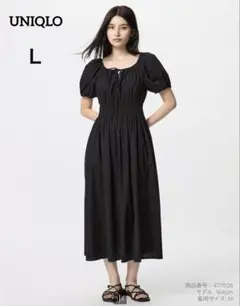✨美品✨ユニクロ【Ｌ】半袖ボリュームスリーブワンピース 黒 リボン