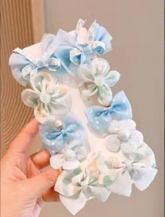 水色リボンと花モチーフのヘアピンセット