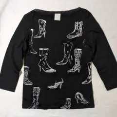 PUPULA ブーツプリント　ブラック　七分袖 Tシャツ 38サイズ　日本製